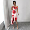 Elegant Asymmetrical Figure-flattering Dress With A Strategically Placed Hibiscus Floral Print