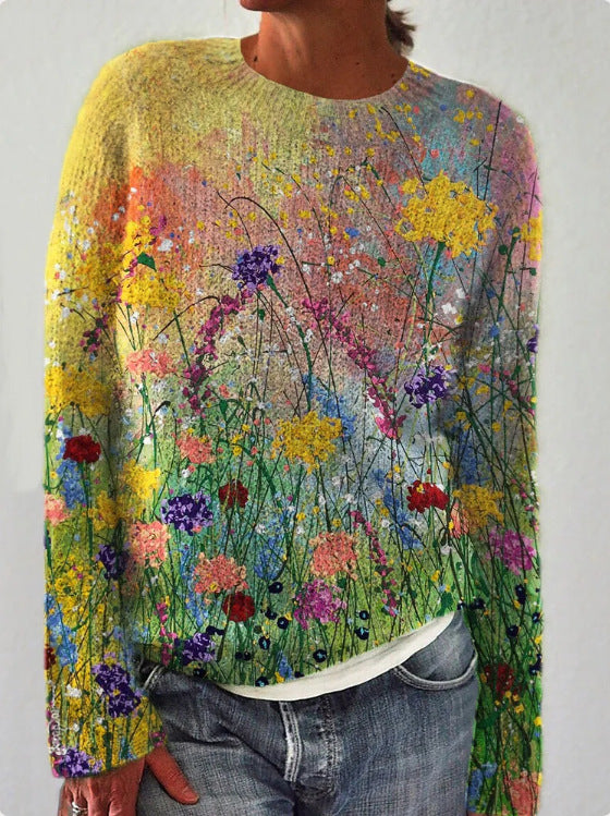Ladies' 3D Printed Sweater Casual Loose Long Sleeved Knitted Top - A Fashionable And Comfortable Choice For Daily Wear