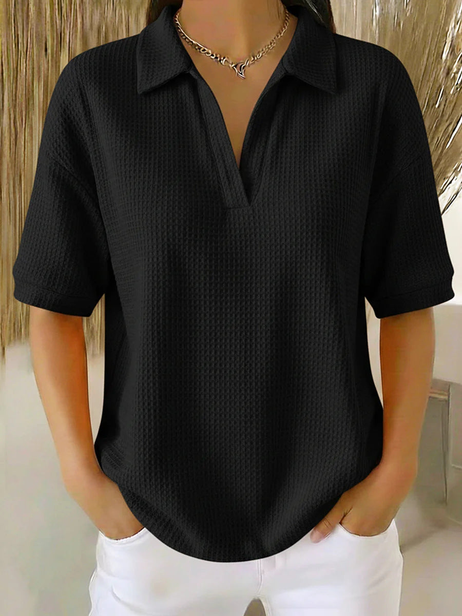 V Neck Waffle Knit Solid Color Loose Fitting Pullover Top