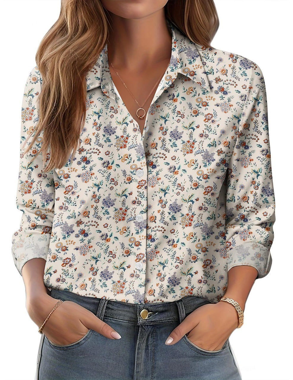 Womens 3D-printed Floral Loose-fit Blouse