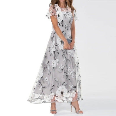 New Womens Round-neck Short-sleeve Long Dress With A Printed Design