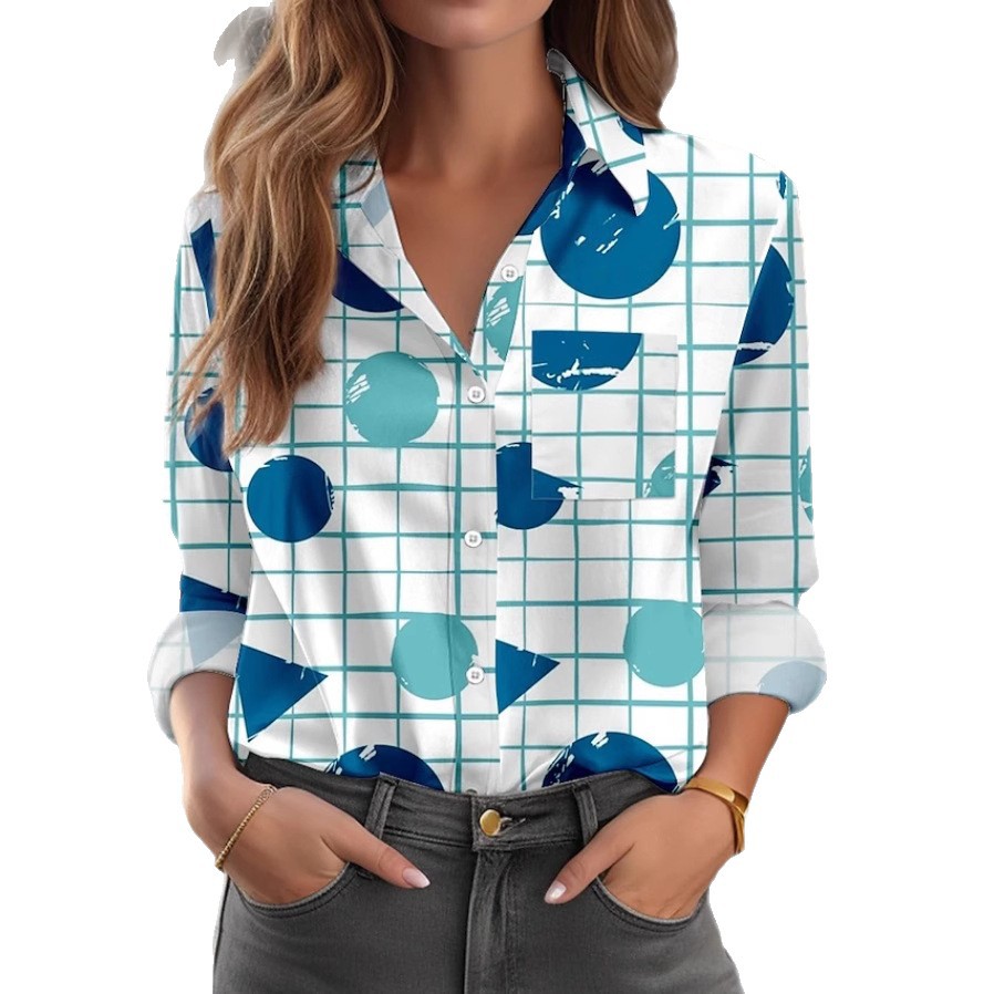 Top da donna a maniche lunghe casual con tasca a quadri