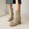 Sequined Thick High Heel Side Zipper Chunky Heel Ankle Boots