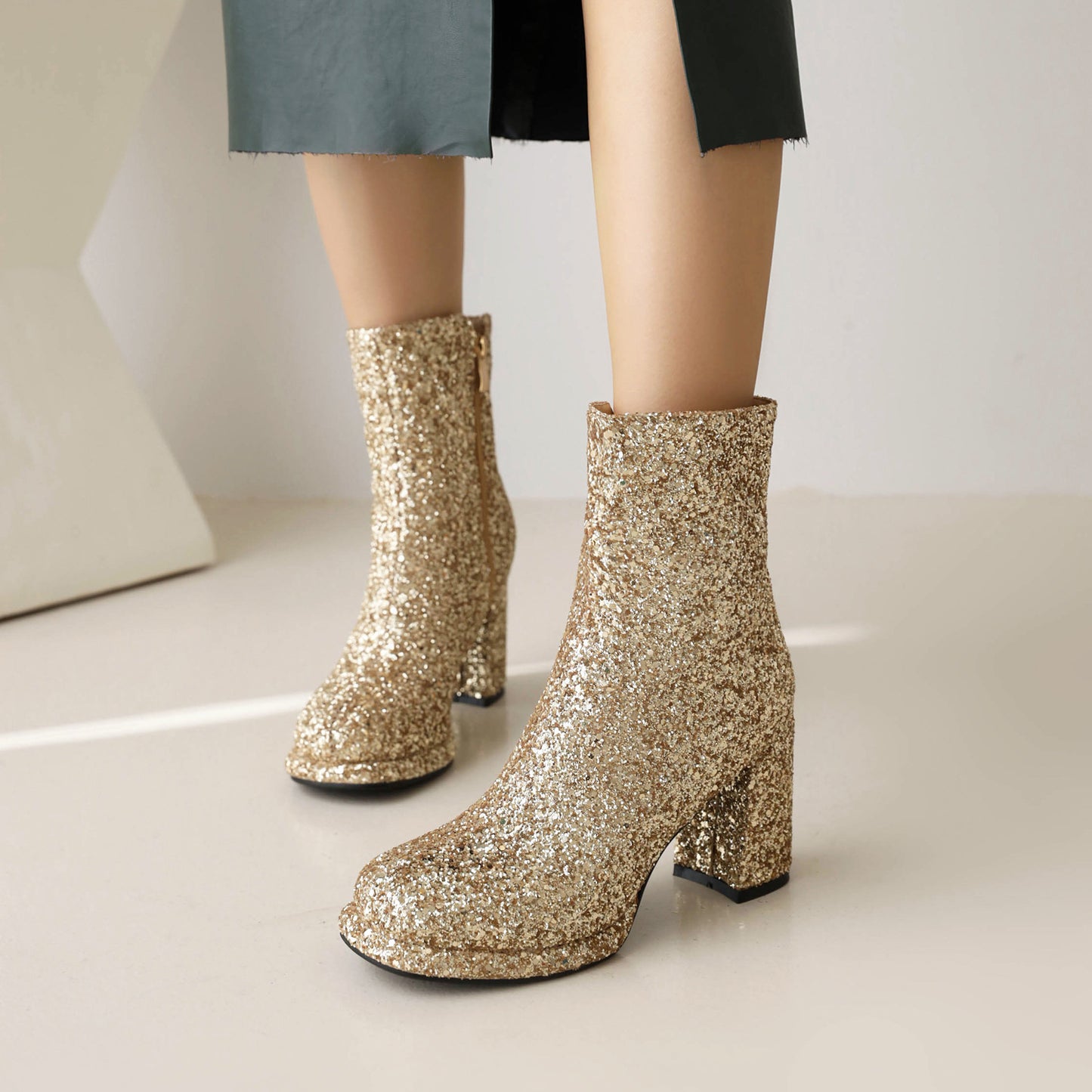 Sequined Thick High Heel Side Zipper Chunky Heel Ankle Boots