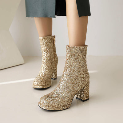 Sequined Thick High Heel Side Zipper Chunky Heel Ankle Boots