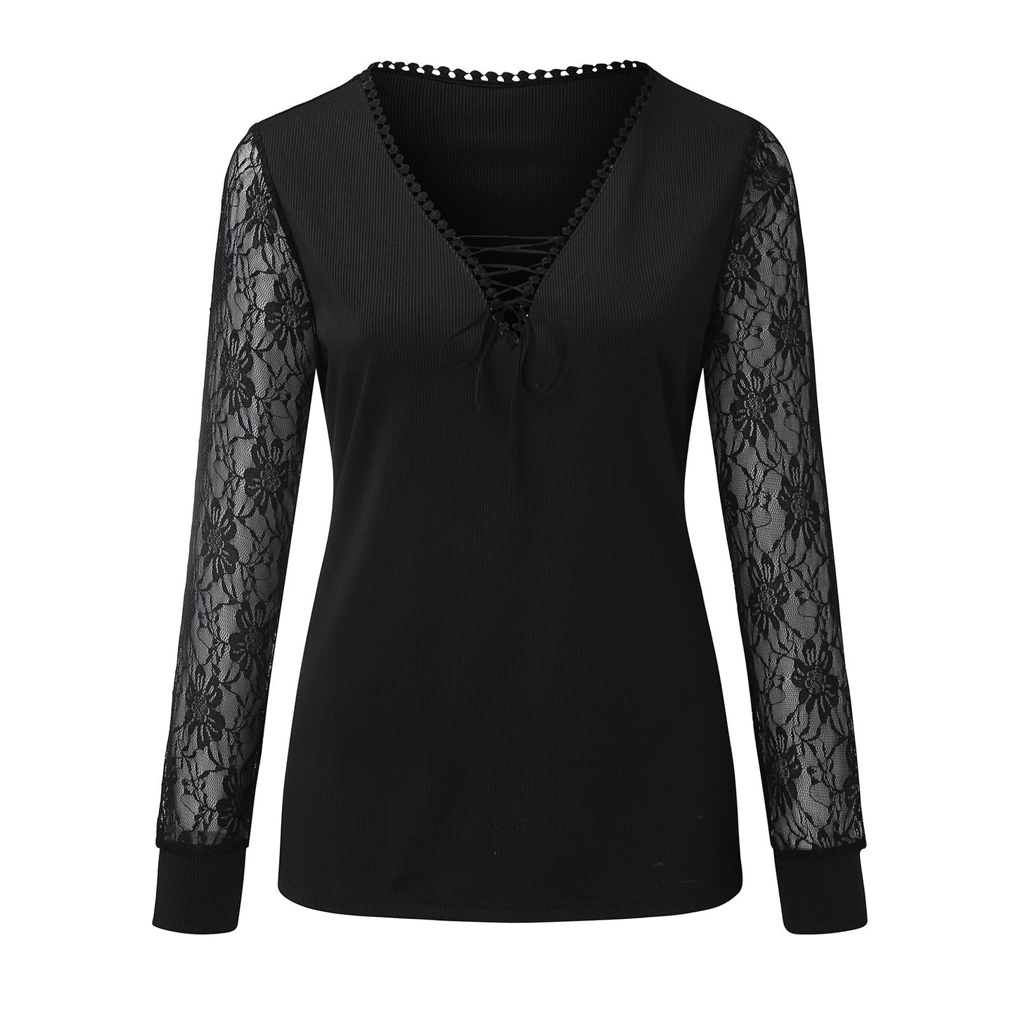 Maglione da pendolare con scollo a V e pizzo a nastro da donna