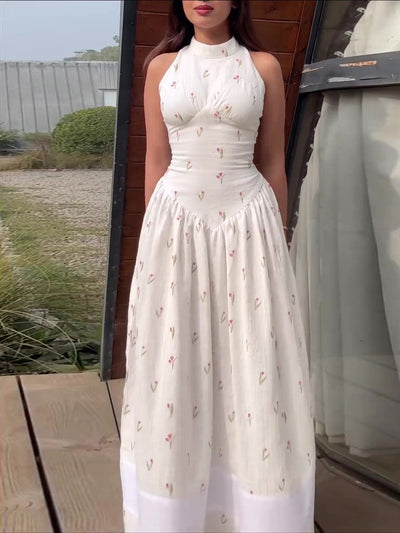 White Floral Print Turtleneck Sleeveless Waist-Cinched Maxi Dress