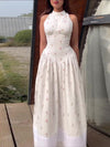 White Floral Print Turtleneck Sleeveless Waist-Cinched Maxi Dress