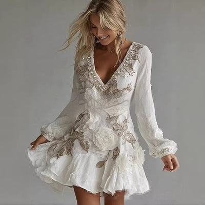 Womens Retro Bohemian Rose-Embroidered Linen Loose V-Neck Short Skirt