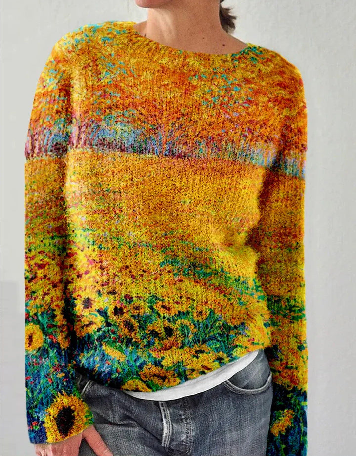 Ladies' 3D Printed Sweater Casual Loose Long Sleeved Knitted Top - A Fashionable And Comfortable Choice For Daily Wear