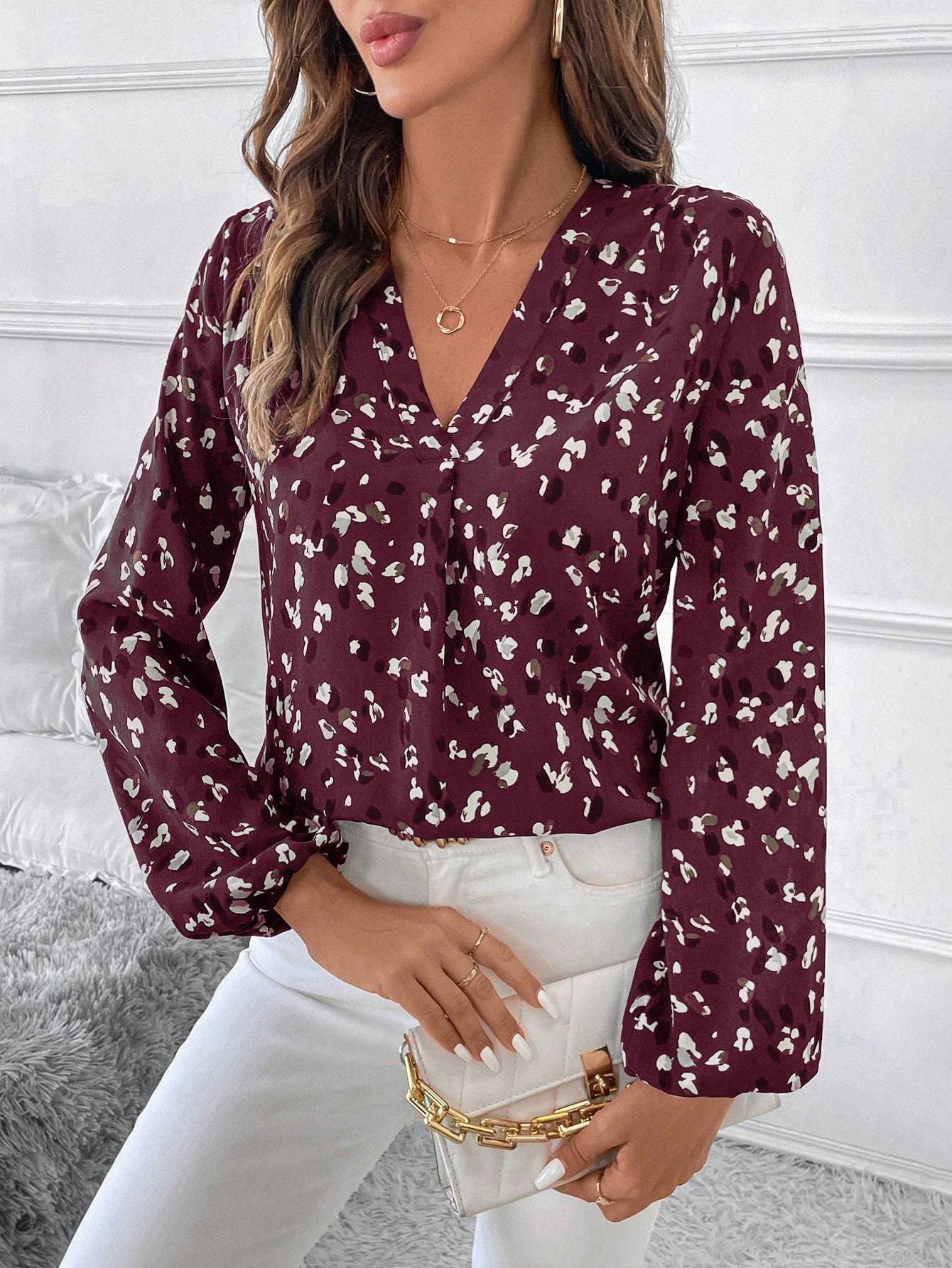 Women's V-Neck All-Over Print Elegant Long Sleeve Blouse,Long Sleeve Tops