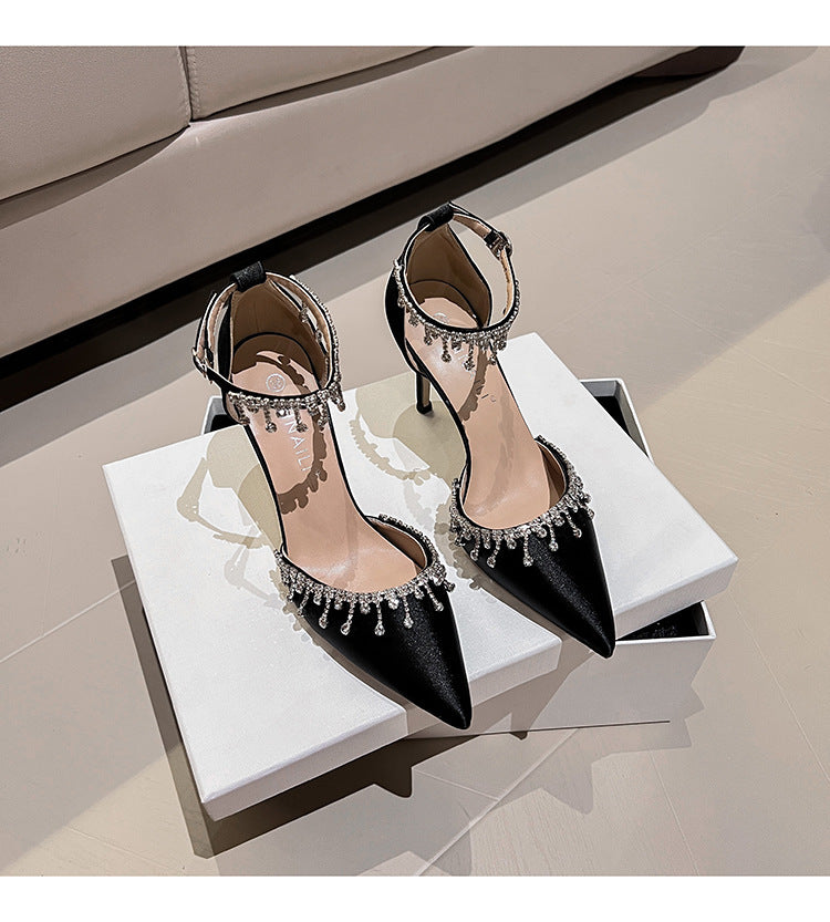 White Satin Strap Tassel Chain High Heels