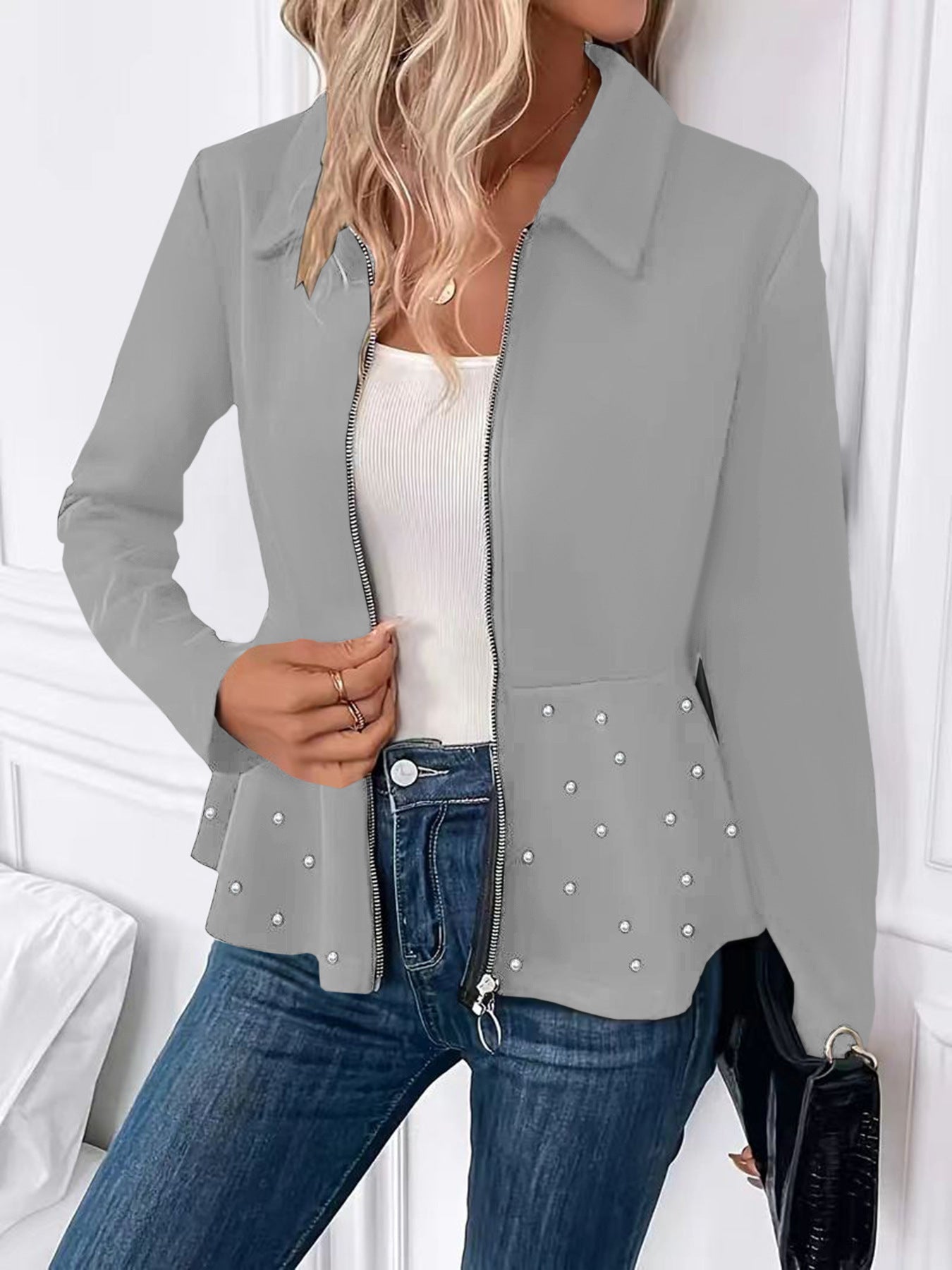 Women's Beaded Heavy-duty Zipper Ruffled Hem Coat