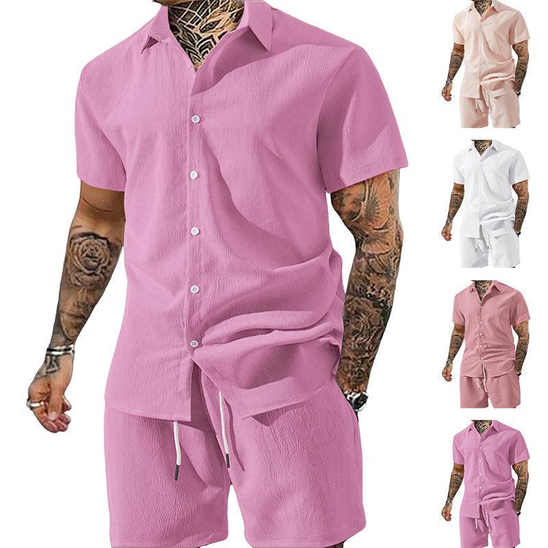 Completo da uomo tinta unita con camicia a maniche corte con risvolto e pantaloncini