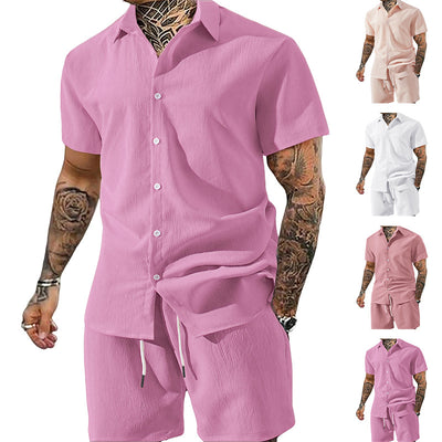 Completo da uomo tinta unita con camicia a maniche corte con risvolto e pantaloncini