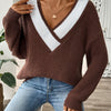 Maglione ampio con scollo a V e patchwork a contrasto di colore