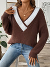 Color Contrast Patchwork Large V-neck Loose Pullover