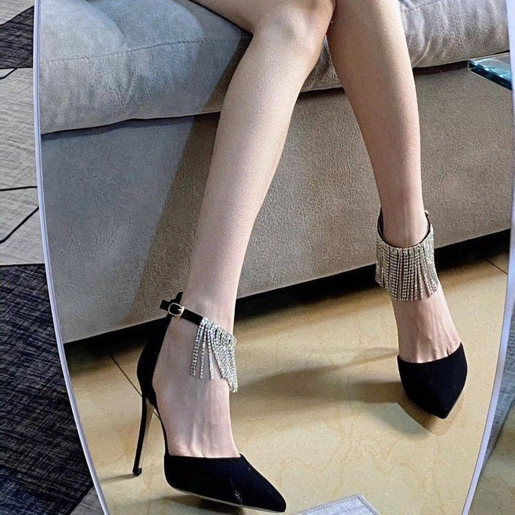 Tassel Chain Rhinestone Ankle-strap High Heels