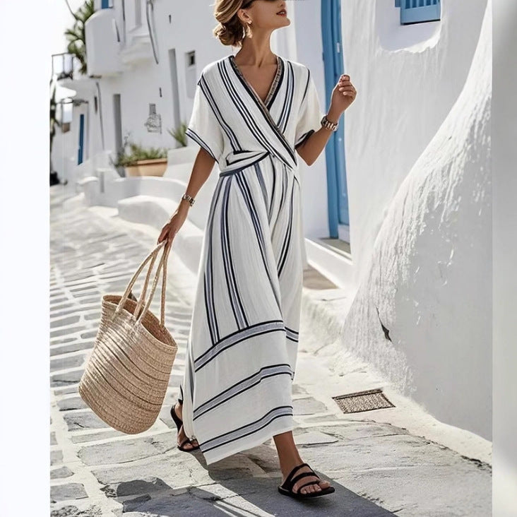 Summer Vacation V-Neck Womens Short-Sleeve Pleated Maxi Dress