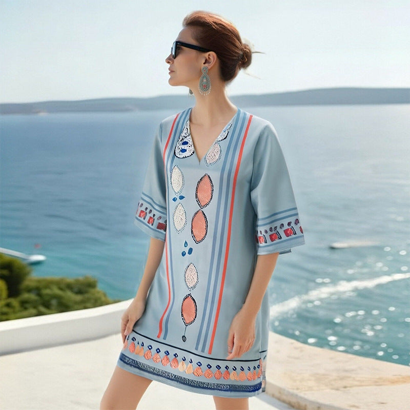 Loose-fitting Plus-size Dress With Three-quarter-length Sleeves