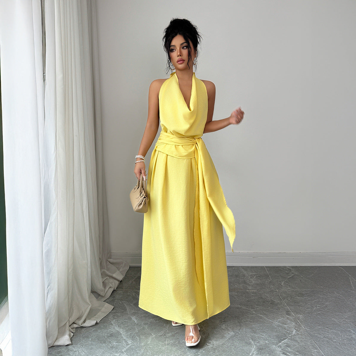 Womens Solid-Color Elegant French-Style Resort Halter Dress