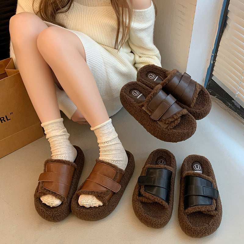 Women's Outer Wear Autumn And Winter Lamb Wool Fleece-lined Casual Fluffy Slippers