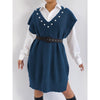 Preppy Style Casual Vest Dress V-neck Beaded Loose