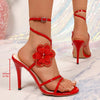 Sandali da donna estivi 2026 con tacco a spillo e motivo floreale, cinturino alla caviglia, punta aperta, scarpe eleganti da festa, taglie forti