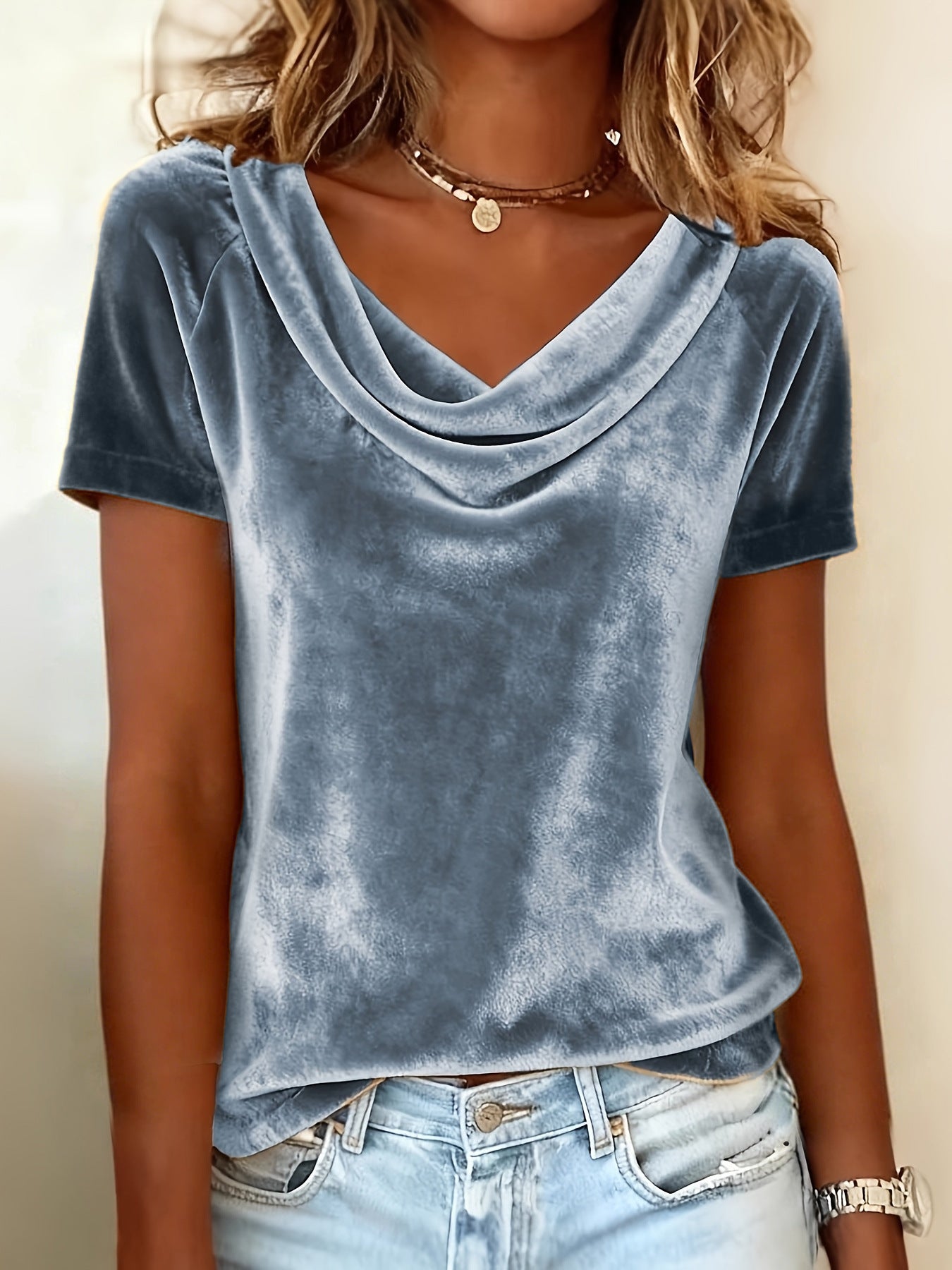 Nuova T-shirt in velluto sexy a maniche corte, girocollo, tinta unita