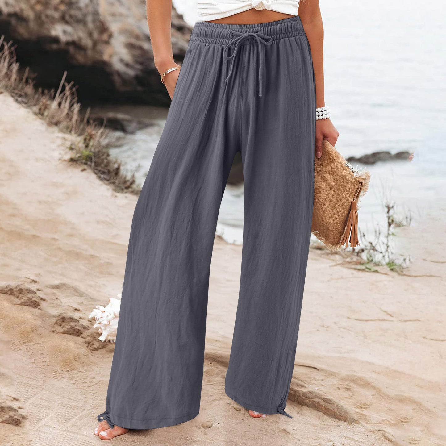Womens Elastic Casual Solid-color Wide-leg Pants