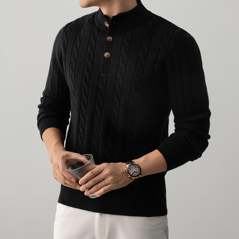 Half-height Henry Collar Button Twisted Sweater Thick Fashion Men's Knitwear