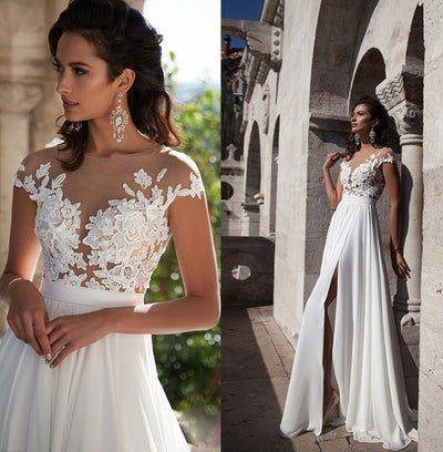 Abito da sposa bohémien con applicazioni, lungo fino al pavimento, in chiffon, abito da sposa elegante con spacco laterale, personalizzato