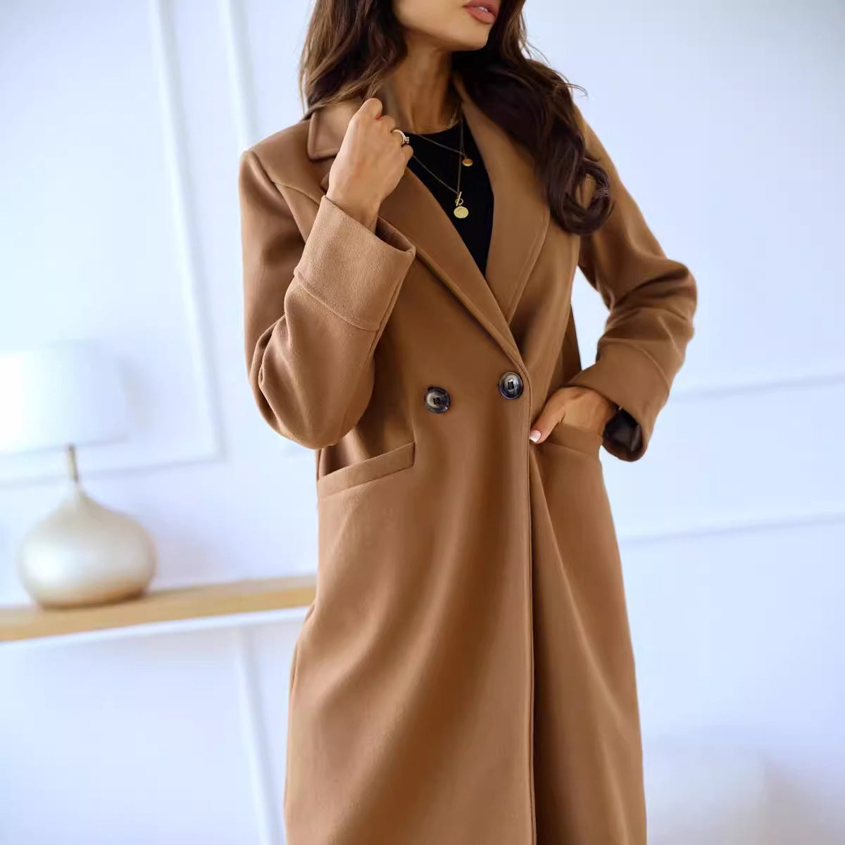 Simple Double Breasted Long Sleeve Lapel Button Woolen Coat