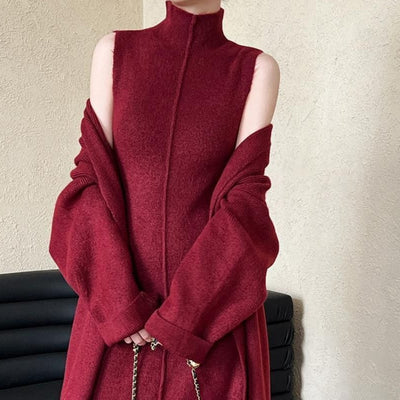 Women's Long Warm Sleeveless Turtleneck Dress Two-piece Set