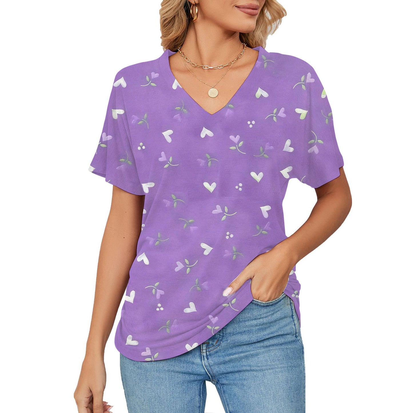 T-shirt da donna, stampa floreale e botanica, maniche corte scollo a V casual