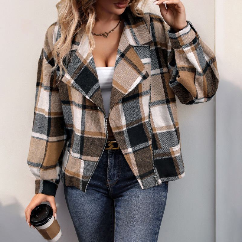 Brushed Cardigan Lapel Plaid European And American Ladies Coat
