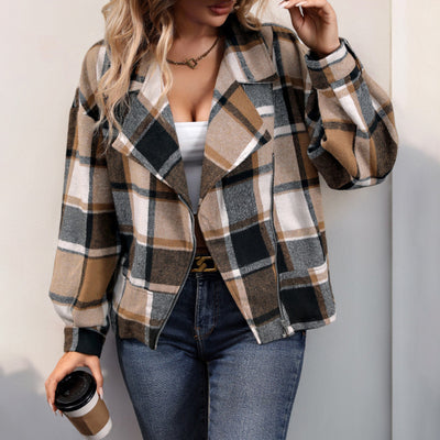 Brushed Cardigan Lapel Plaid European And American Ladies Coat