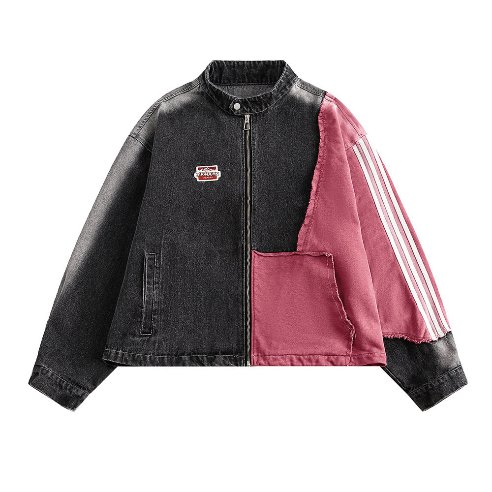 Giacca in denim patchwork a contrasto di colore da uomo e da donna, alta moda