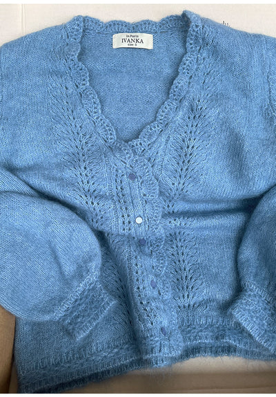 Haze Blue Mohair Cardigan Crocheted V-neck Puff Sleeve Sweater