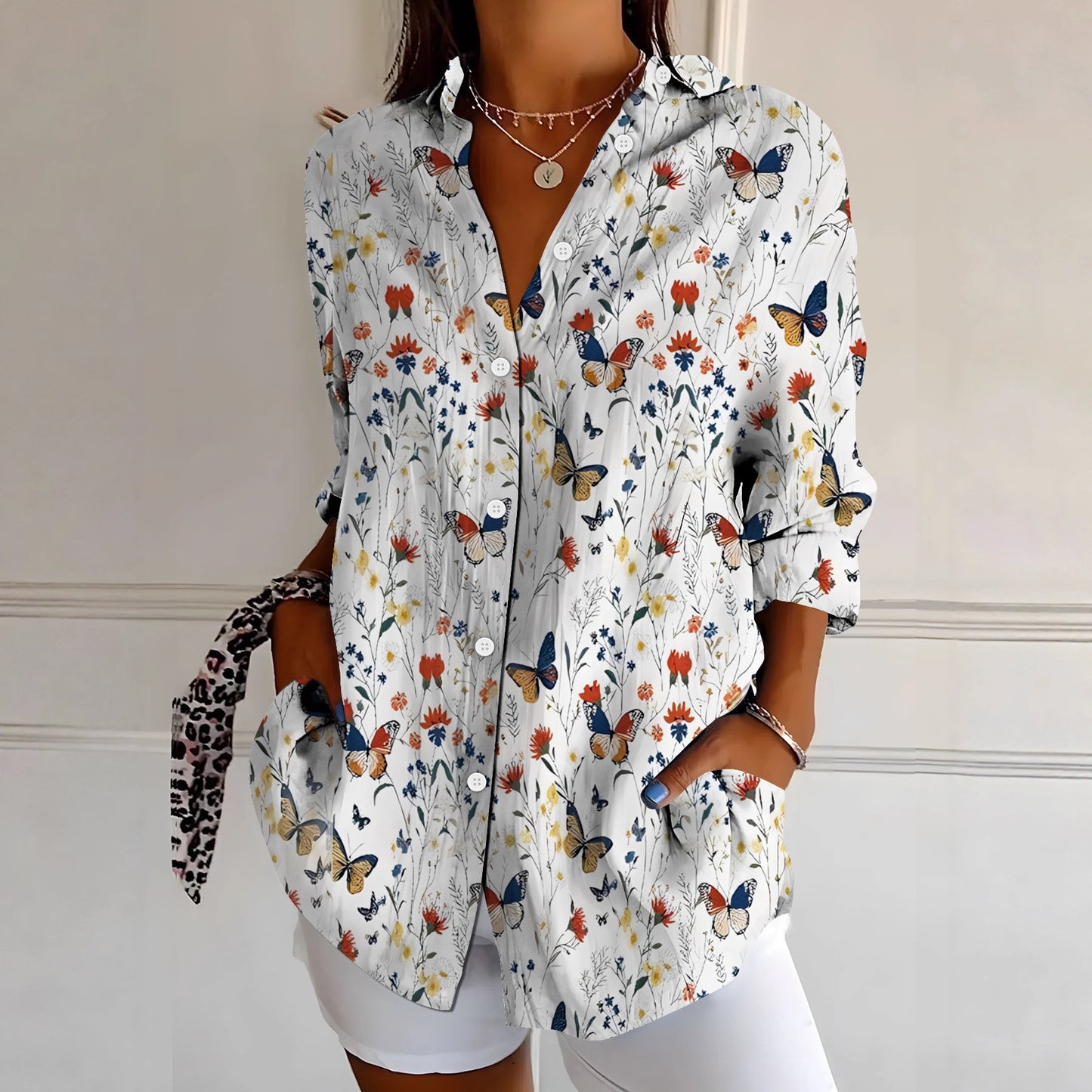Camicia da donna a maniche lunghe, stampa floreale retrò ed elegante