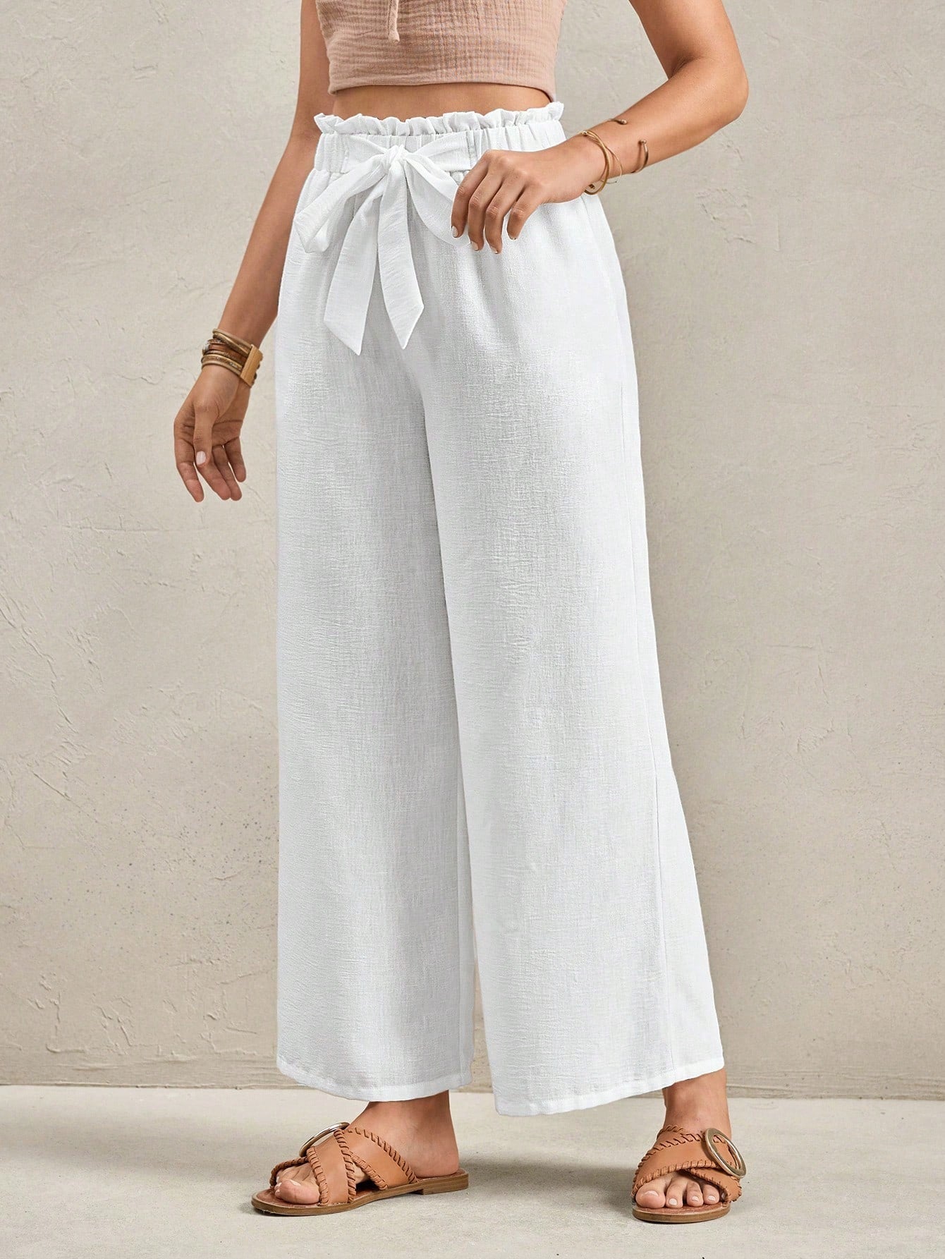 Pantaloni Larghi Casual da Resort con Fascia in Vita a Fiocco