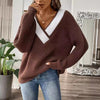 Maglione ampio con scollo a V e patchwork a contrasto di colore