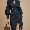 Architectural Indigo Denim Midi Dress-Military Gold-Tone Hardware & Bishop Sleeves
