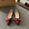 New Vintage Scoop Pointed Beaded Knot Plaid Low Heel Shoes