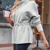 Fisoew Women's Turtleneck Sweatshirts Fleece Drawstring Waist Casual Long Sleeve Pullover Sweater Side Slit Tunic Tops