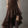Western Brown High-Low Eco Suede Ruffle Maxi Skirt