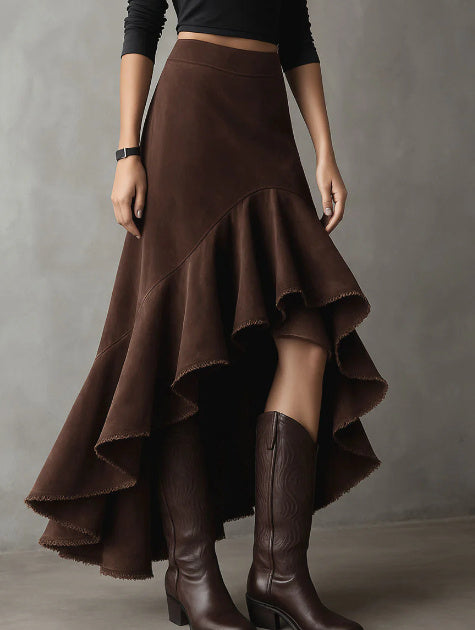 Western Brown High-Low Eco Suede Ruffle Maxi Skirt