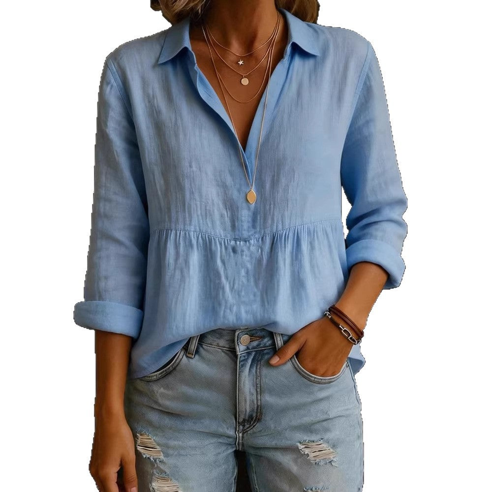 Womens Casual Cotton And Linen Long-Sleeve Shirt