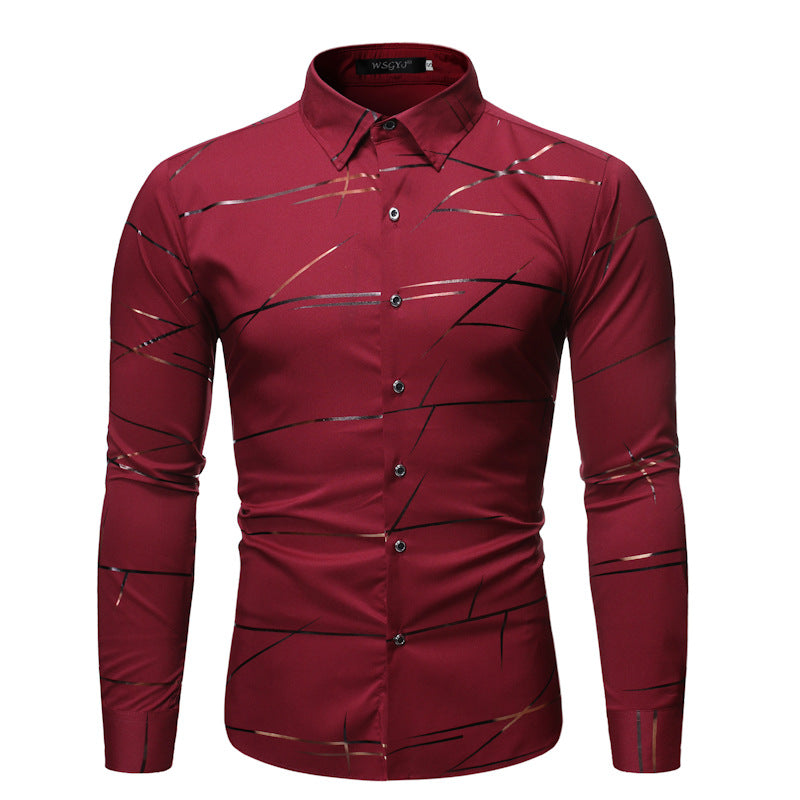 Camicia da uomo a maniche lunghe con stampa bronzata e colletto alla coreana modello Henry