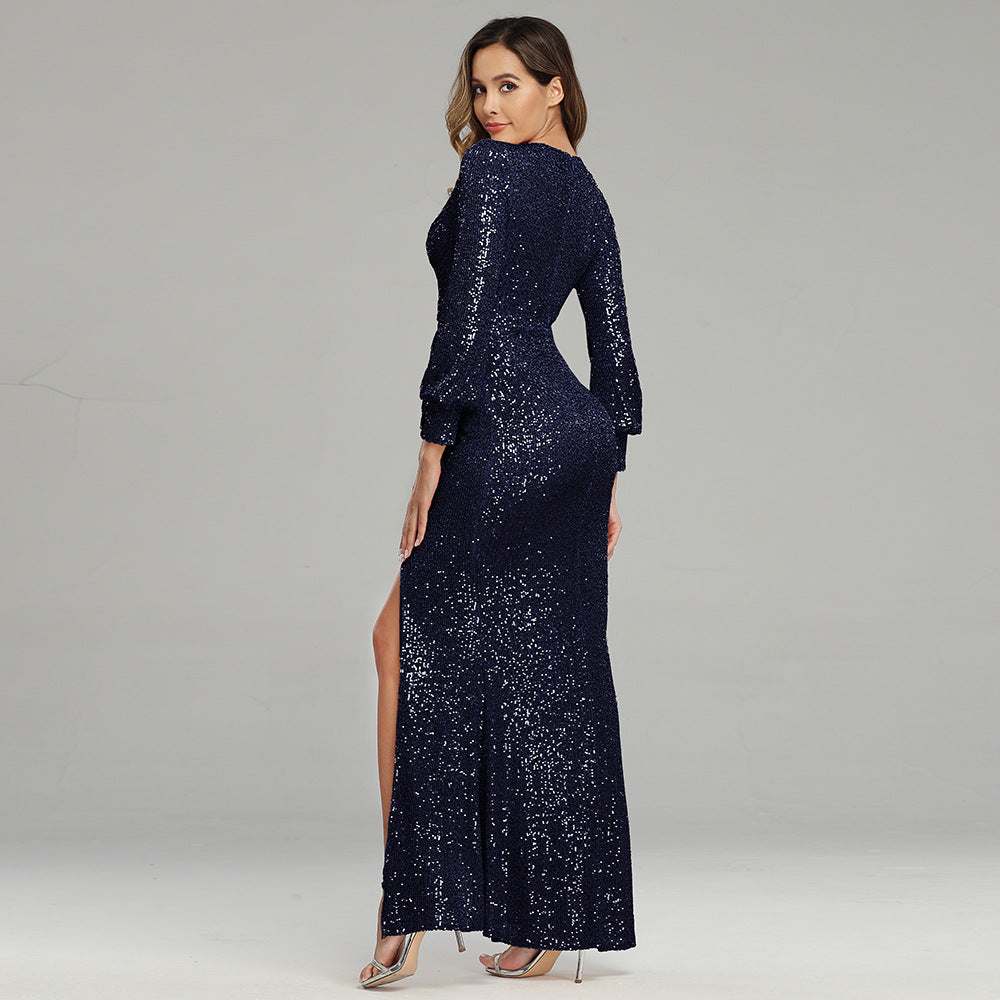 Abito da sera da banchetto sexy con spacco alto a maniche lunghe e paillettes da donna, celebrità fantasia